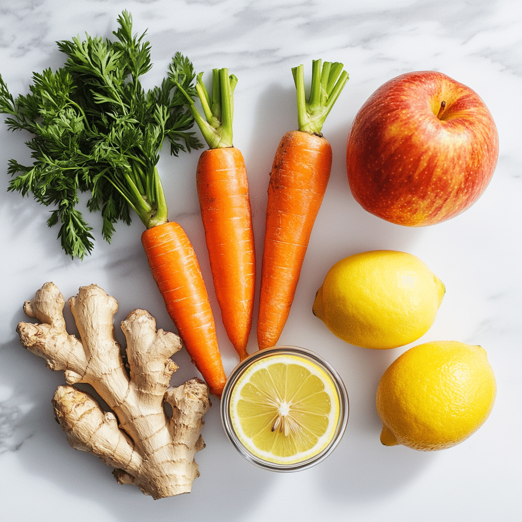 Flat-lay of carrots, apples, ginger, and lemon arranged on a white surface