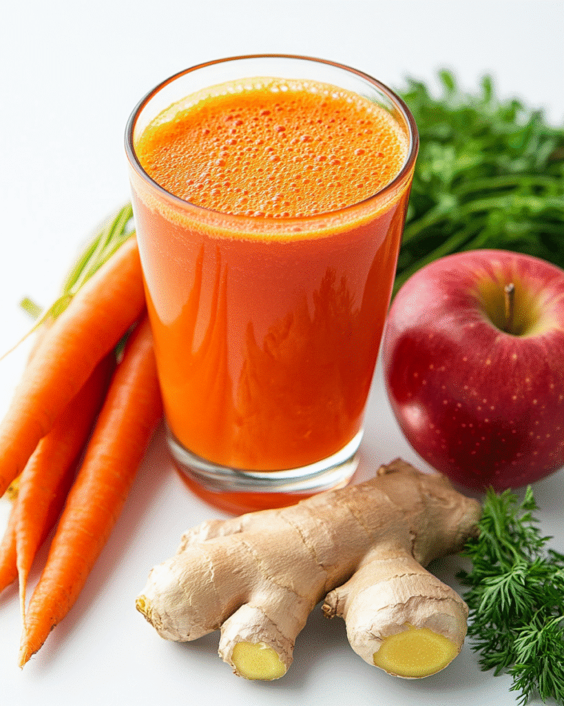Glass of carrot apple and ginger juice with fresh apples, carrots, and ginger beside it