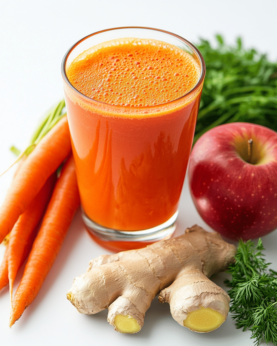 Glass of carrot apple and ginger juice with fresh apples, carrots, and ginger beside it