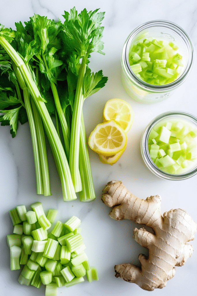 Flat lay of celery stalks, chopped celery, lemon wedges, and filtered water arranged on a white marble surface.