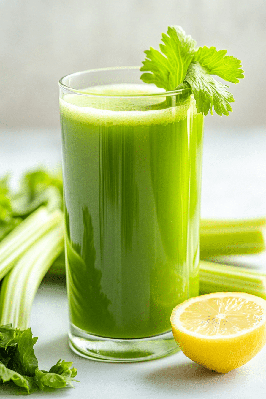 A glass of fresh celery cleanse juice surrounded by celery and lemon slices.
