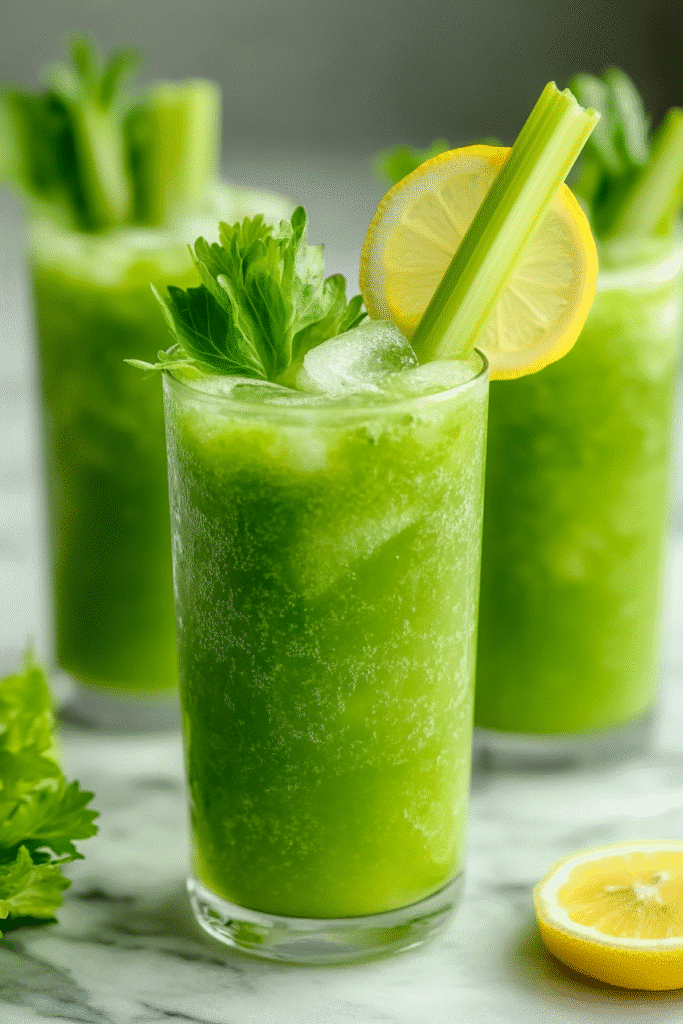Serving glass of chilled celery cleanse juice with ice, a celery leaf garnish, and lemon slice.