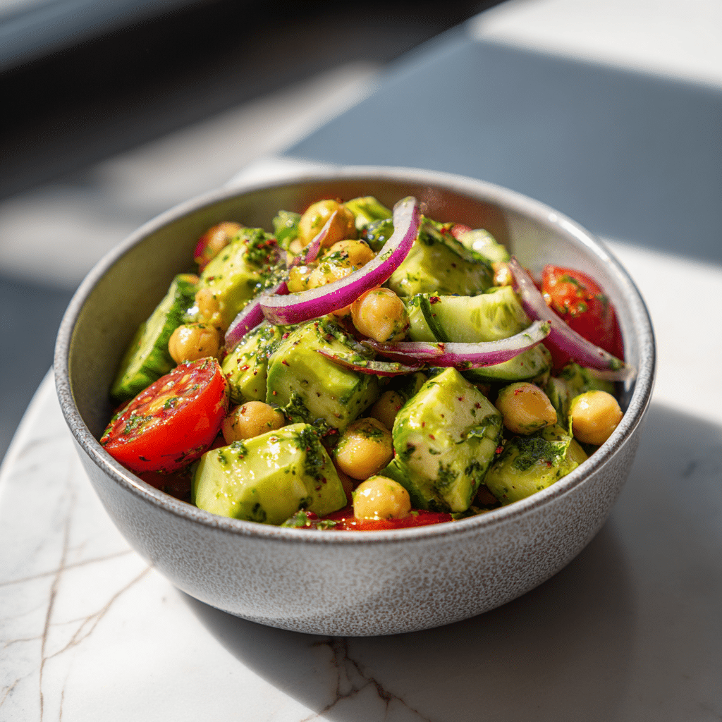 chickpea avocado salad with vegetables and lemon dressing