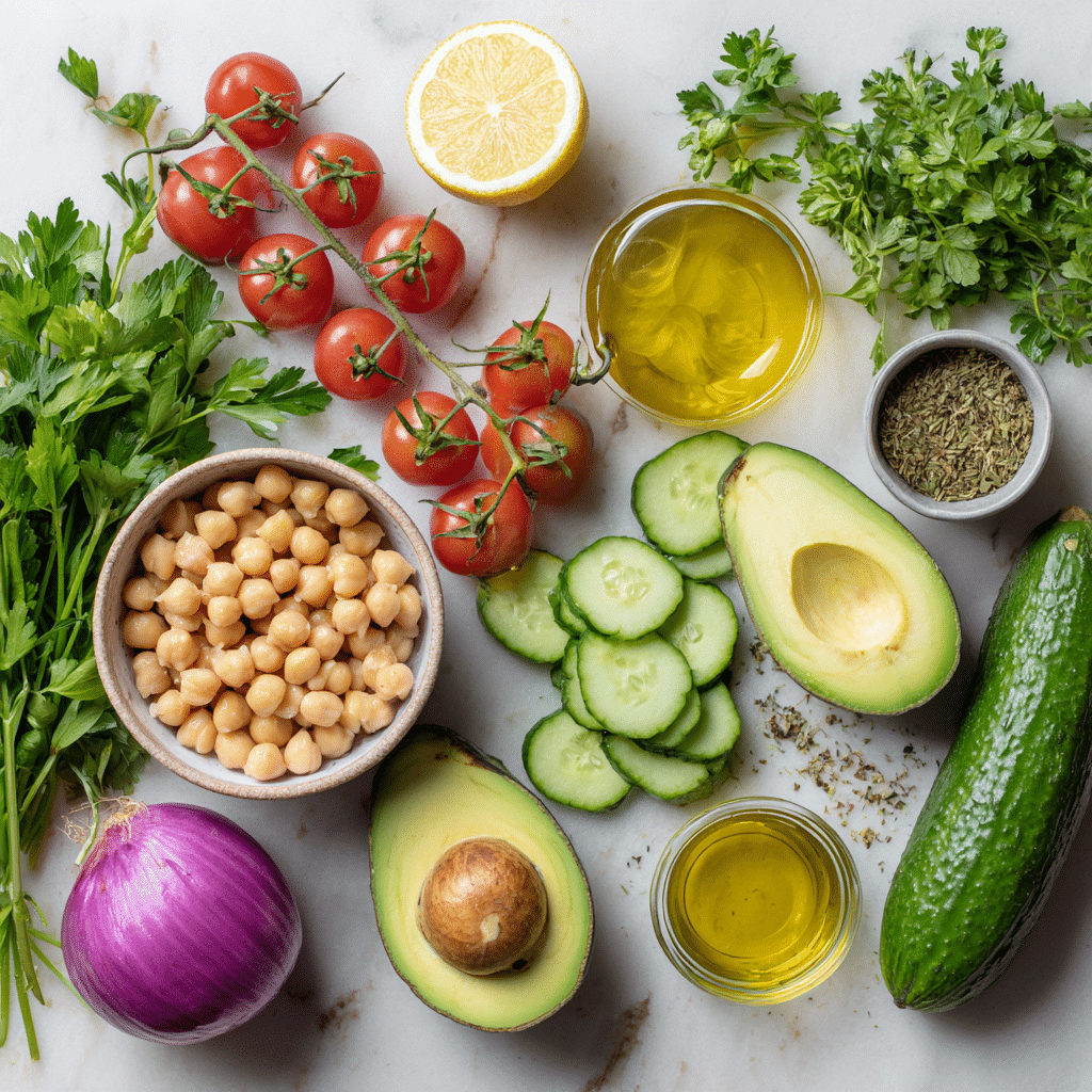 chickpea avocado salad ingredients flat lay