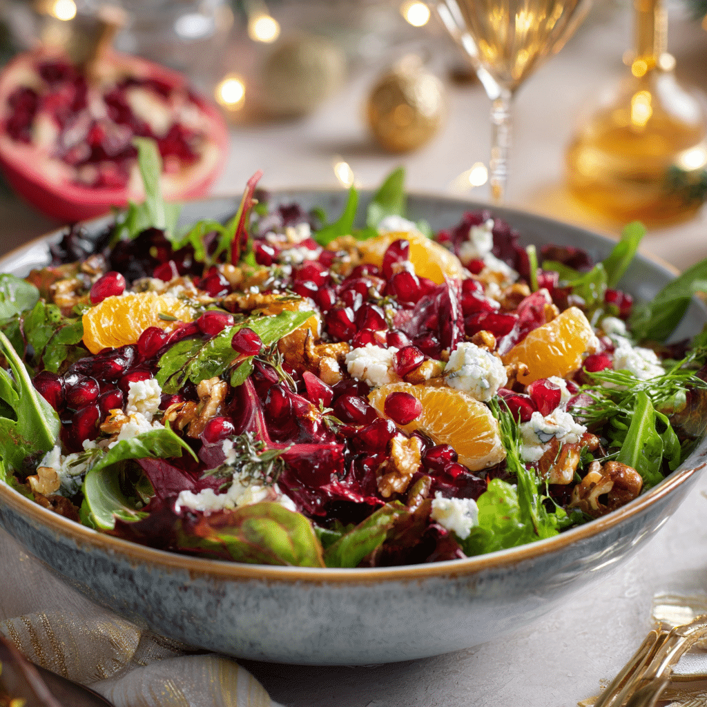 christmas pomegranate salad with greens, nuts, and cheese