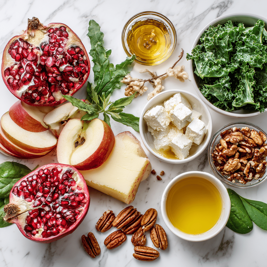 christmas pomegranate salad ingredients flat lay