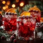 glasses of cranberry christmas punch with sugared cranberries orange slices and rosemary
