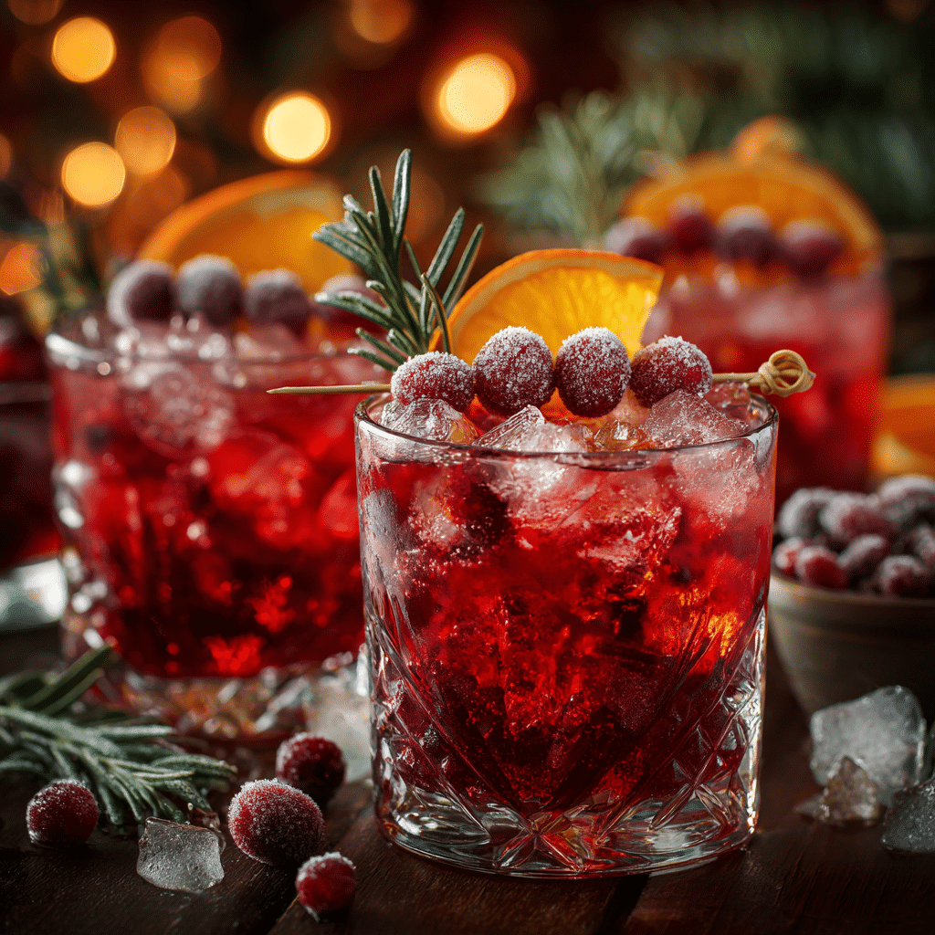 glasses of cranberry christmas punch with sugared cranberries orange slices and rosemary