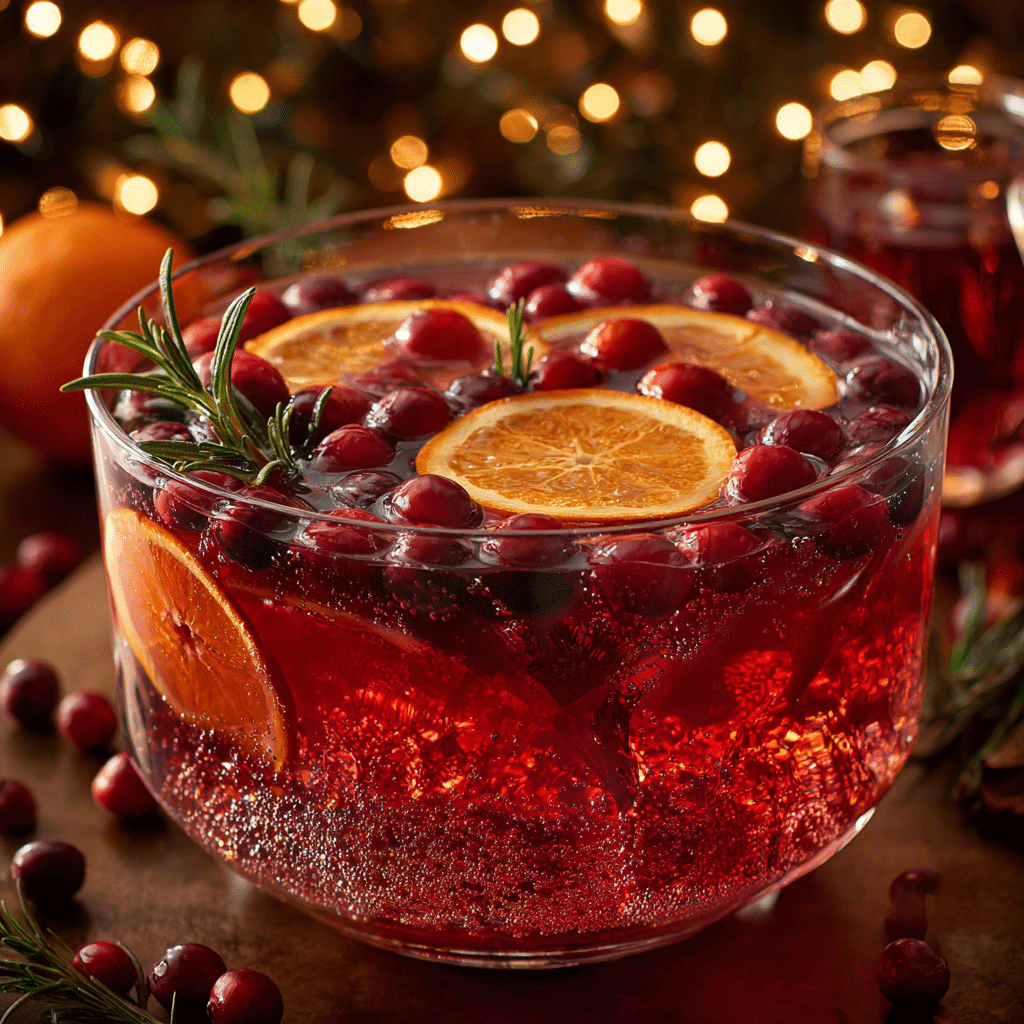 christmas punch cranberry juice in a glass bowl with oranges cranberries and rosemary