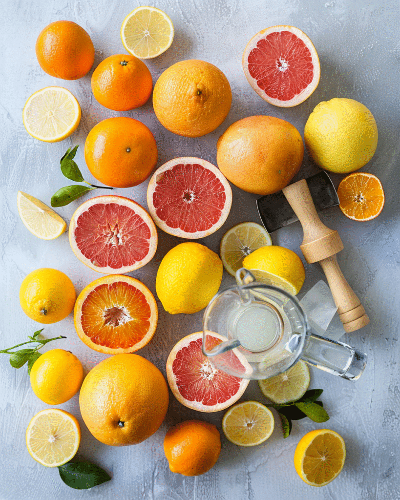 Best Citrus Juice Recipe: How to Make Orange + Grapefruit + Lemon Juice at Home 7 Flat lay of oranges, grapefruits, lemons, and juicing tools