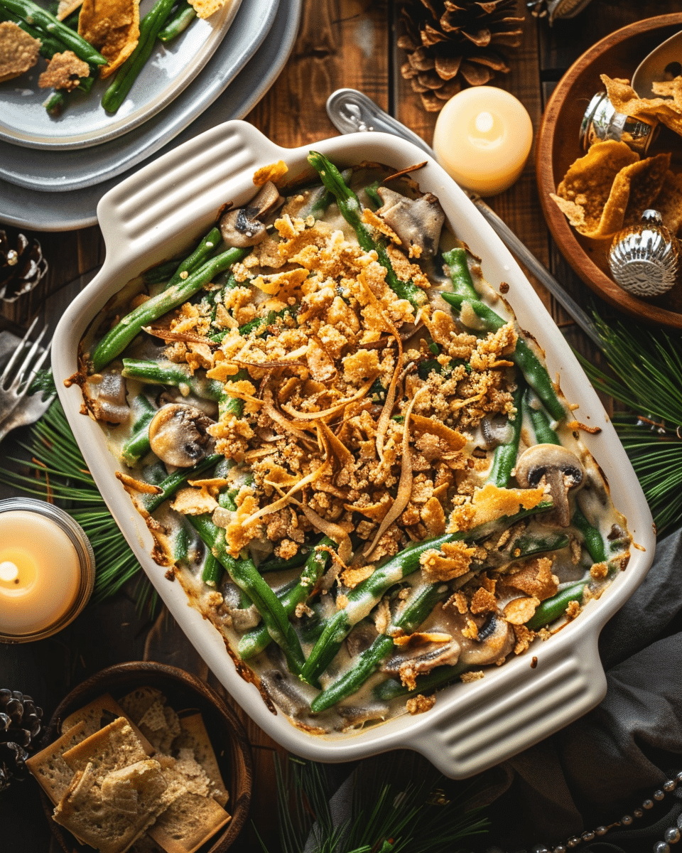 Green bean casserole topped with crispy fried onions in a baking dish