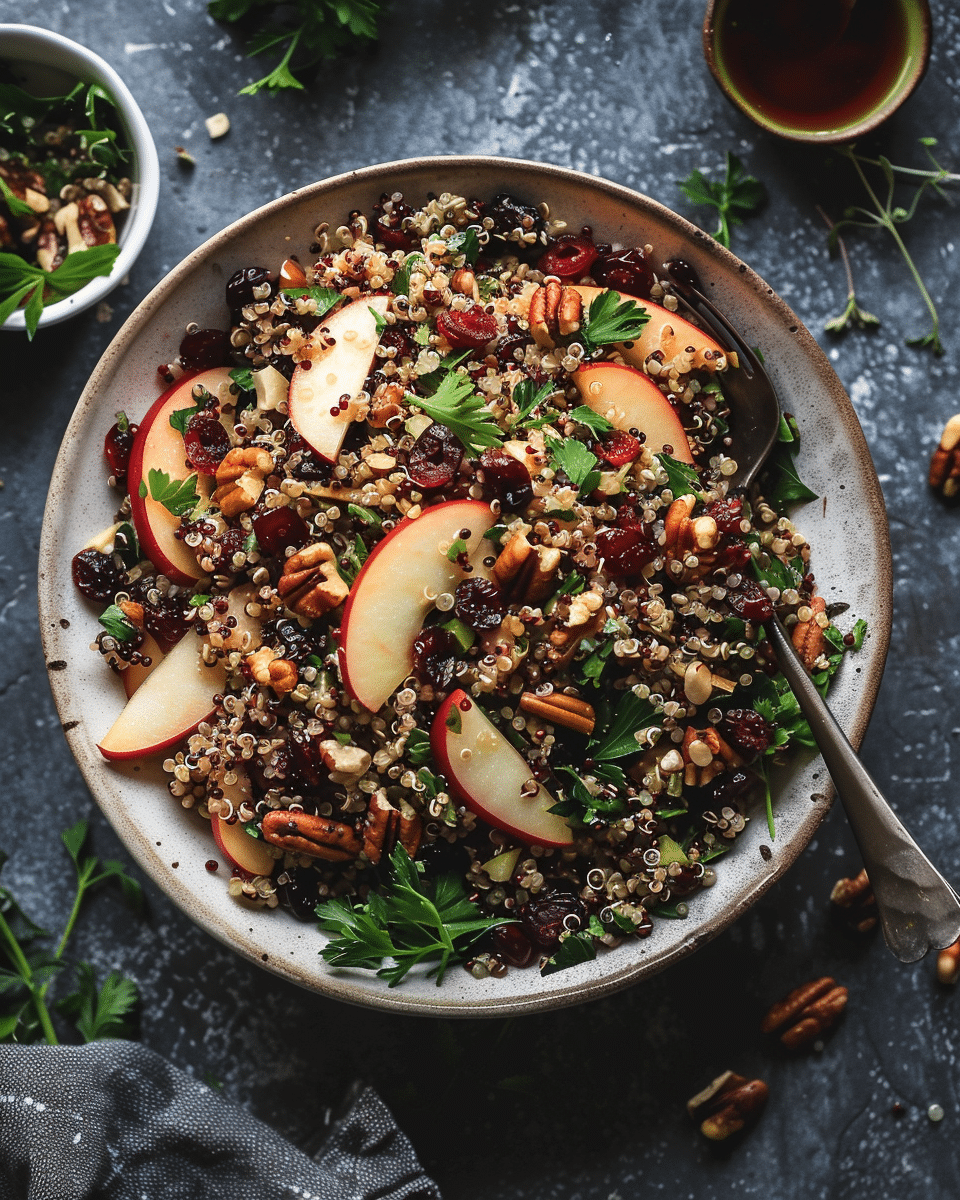 Flat lay of quinoa, apples, cranberries, nuts, citrus, and Cranberry Apple Quinoa Winter Salad ingredients