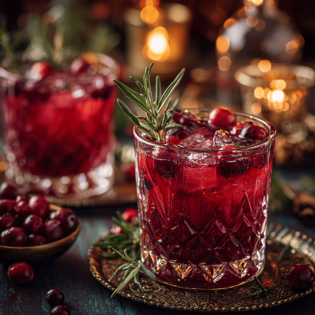 served cranberry orange mocktail with rosemary garnish on table