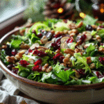 dinner salad with mixed greens nuts and cranberries in a ceramic bowl
