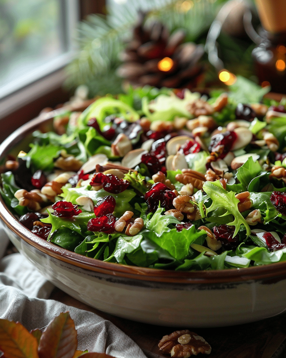 dinner salad with mixed greens nuts and cranberries in a ceramic bowl