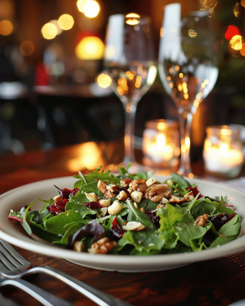 served dinner salad with nuts and cranberries on a dining table