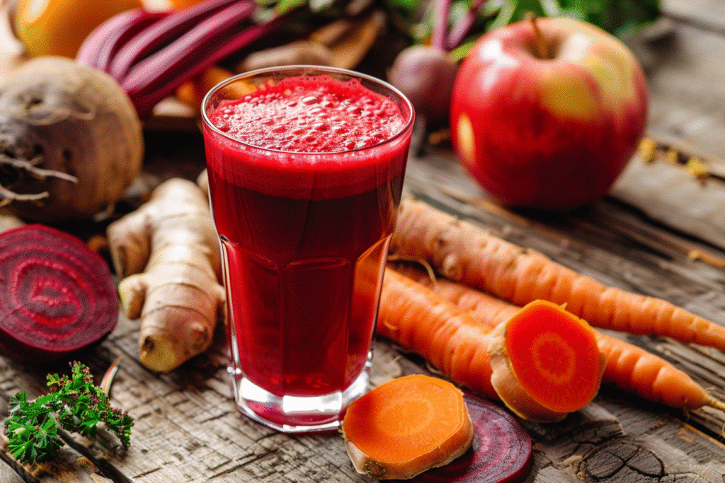 A glass of ruby-red Fall Harvest Juice surrounded by apples, carrots, beets, and ginger.