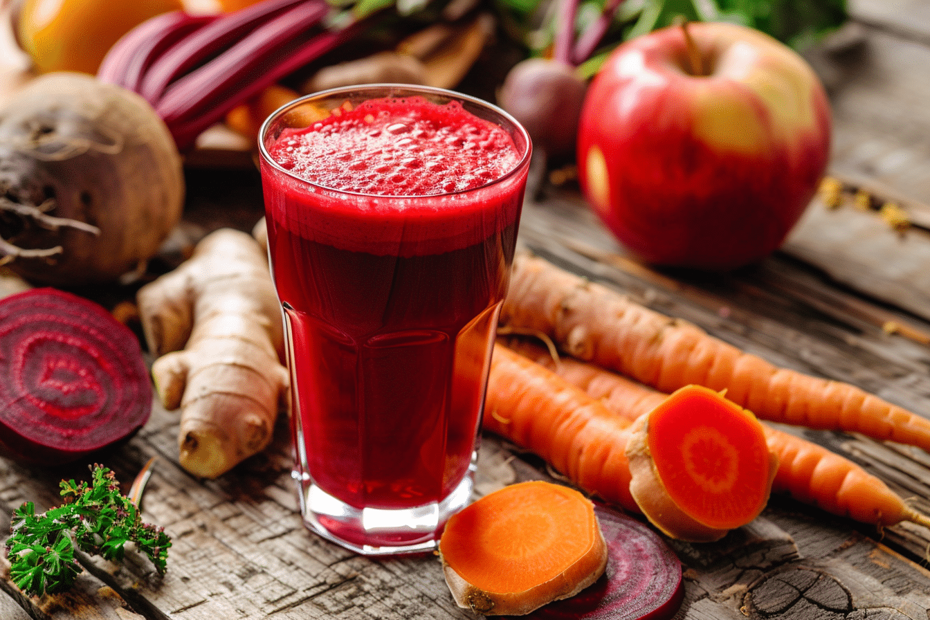 A glass of ruby-red Fall Harvest Juice surrounded by apples, carrots, beets, and ginger.