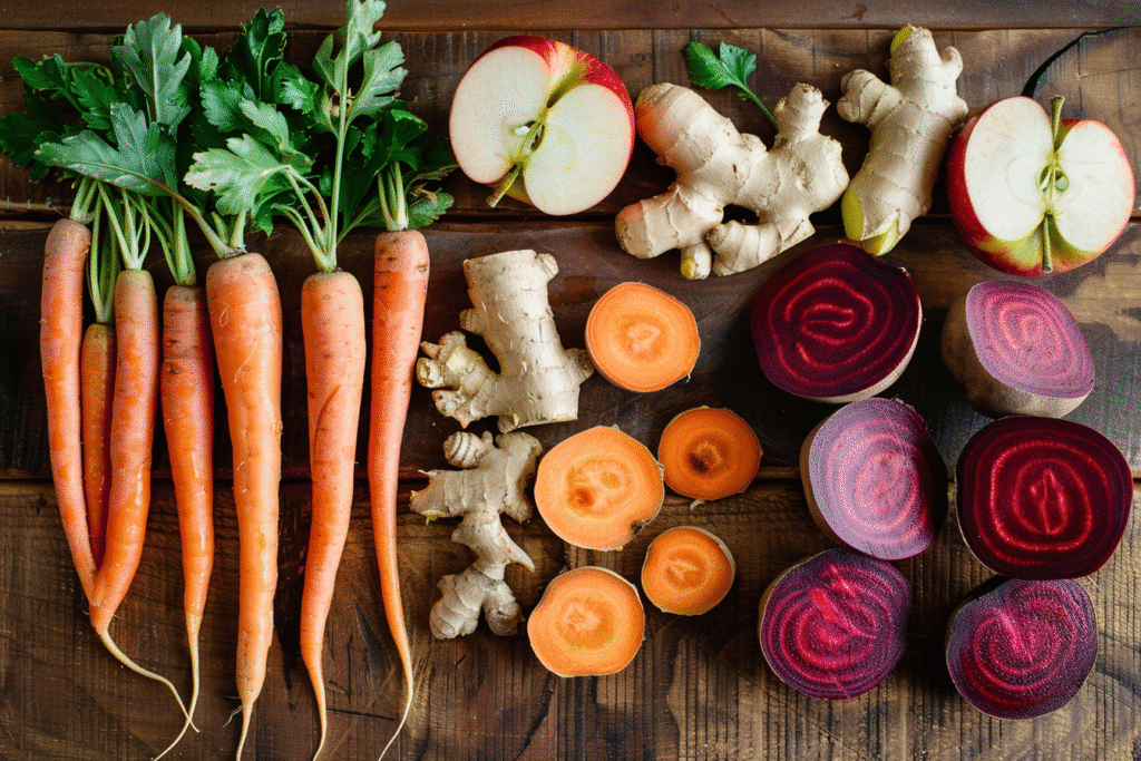 Flat lay of apples, carrots, beets, and ginger arranged on a wooden surface.