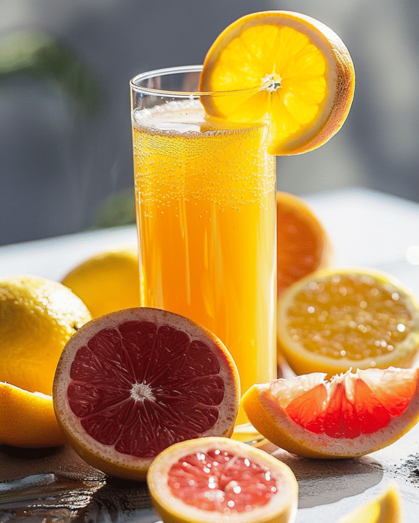 Glass of fresh citrus juice made from orange, grapefruit, and lemon