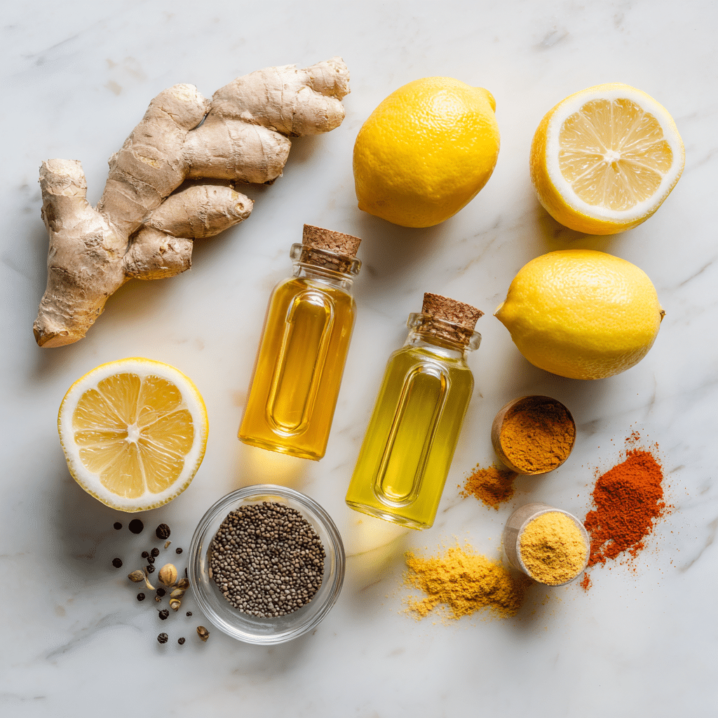 ginger lemon shot ingredients flat lay ginger lemon turmeric honey