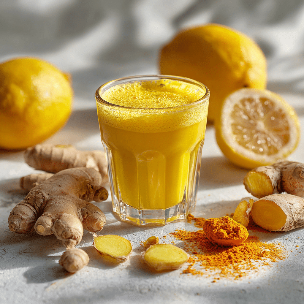 ginger lemon shot with fresh ginger and lemon on kitchen counter