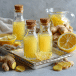ginger lemon wellness shots served in small glass bottles