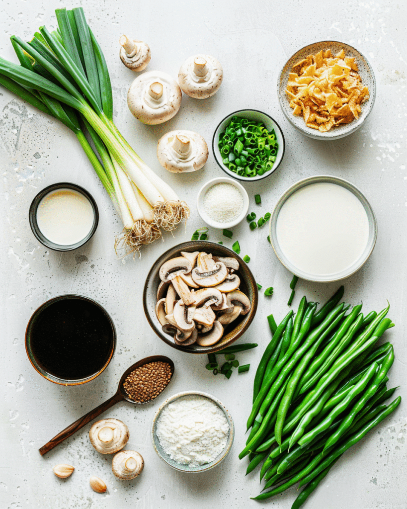Flat lay of green beans, mushrooms, onions, milk, flour, and crispy onions