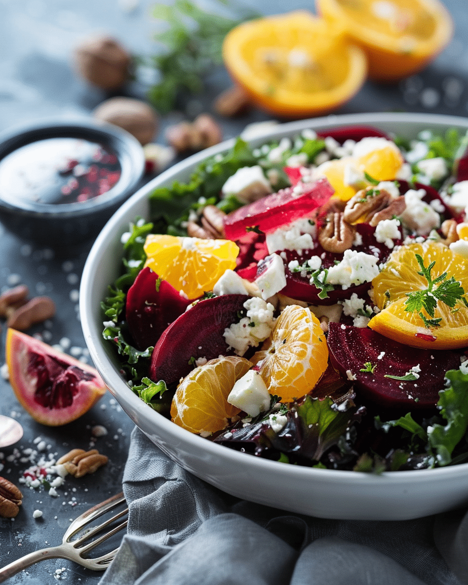 Holiday Beet & Citrus Salad with Feta, roasted beets, oranges, and winter greens