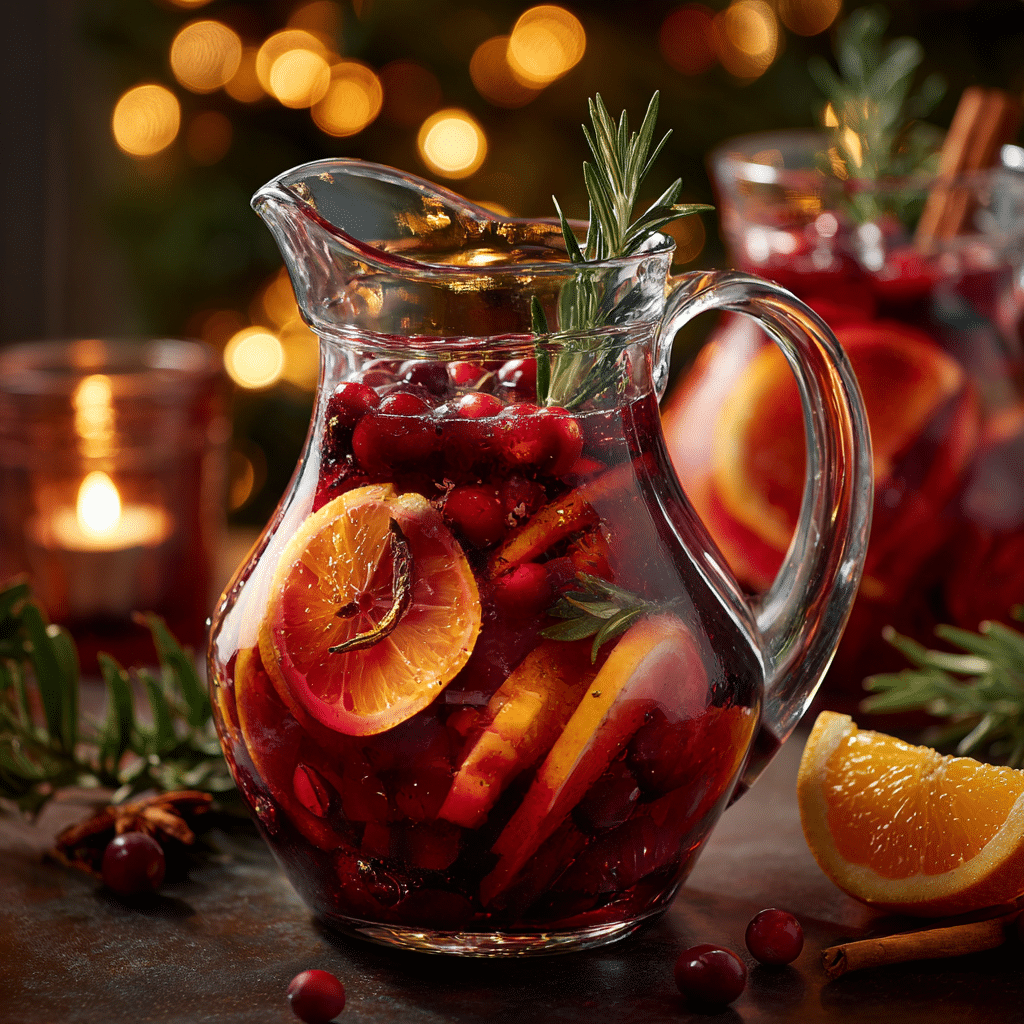 holiday mocktail base with cranberry orange spices in glass pitcher