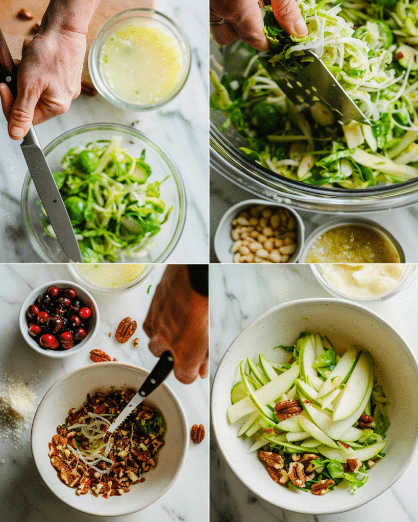 Step-by-step preparation of shredded Brussels sprout salad with apples and nuts