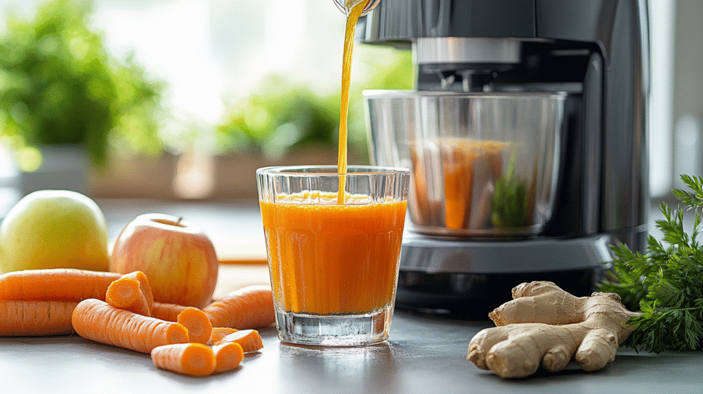 Step-by-step collage showing washing, chopping, juicing carrots, apples, and ginger