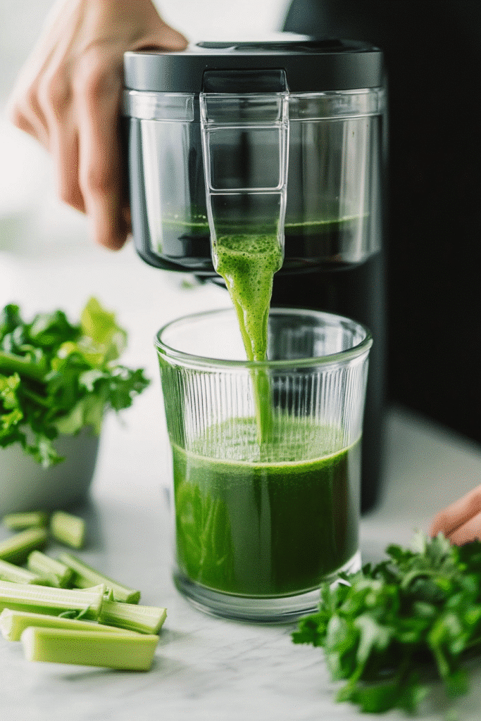 Process shot of chopped celery going into a juicer with green juice pouring into a jar