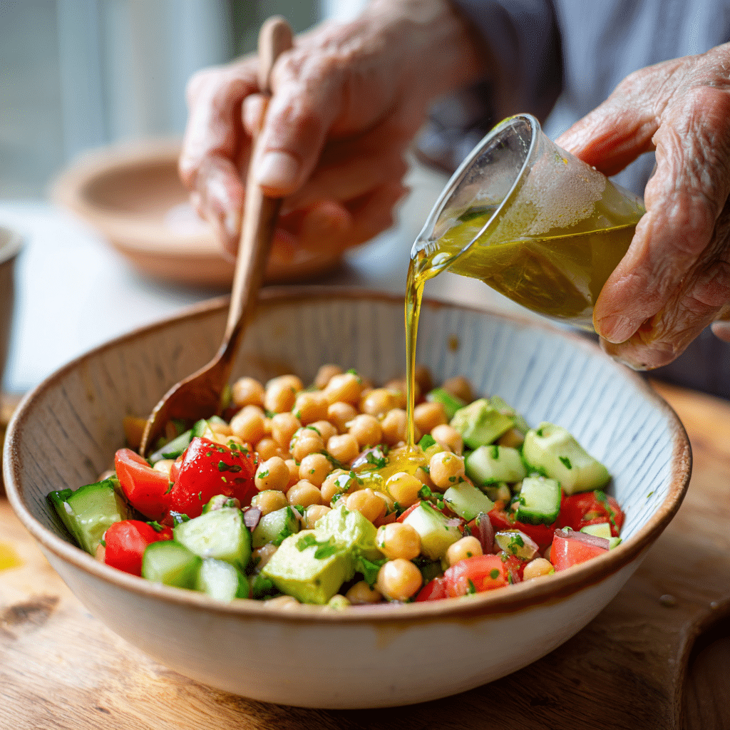 mixing chickpea avocado salad step by step