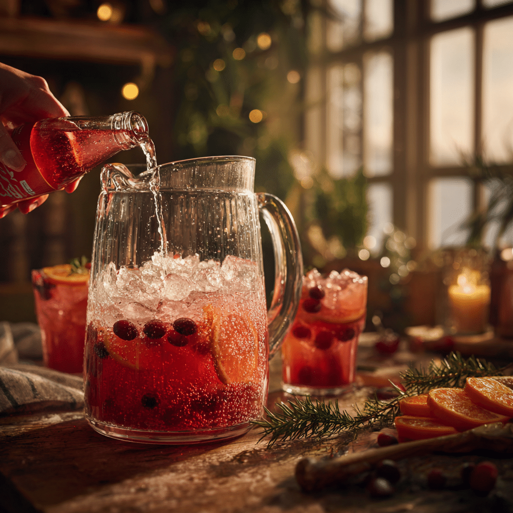 pouring ginger ale into cranberry christmas punch over ice with orange slices