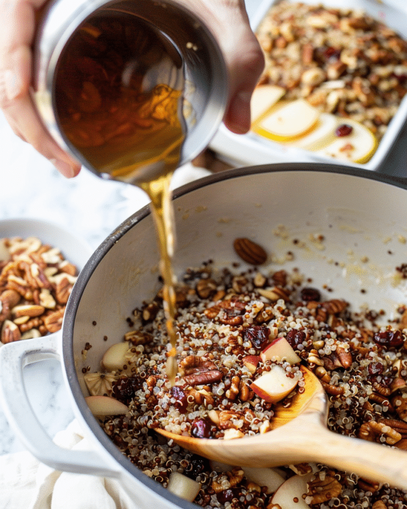 Step-by-step preparation of quinoa, apples, cranberries, nuts, and citrus dressing