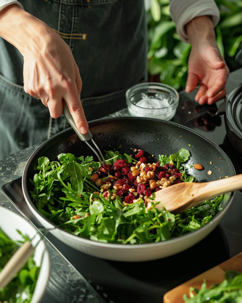 tossing dinner salad with nuts and cranberries in a bowl