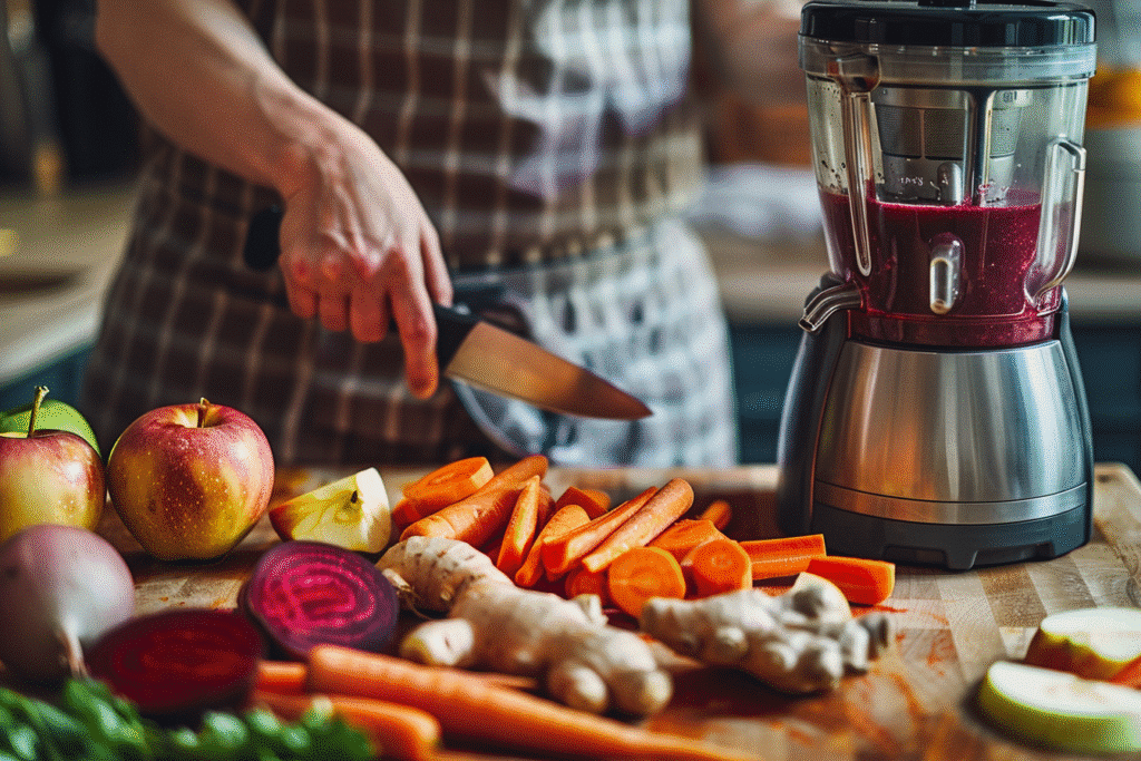 Hands cutting apples, carrots, and beets as part of the juicing process.