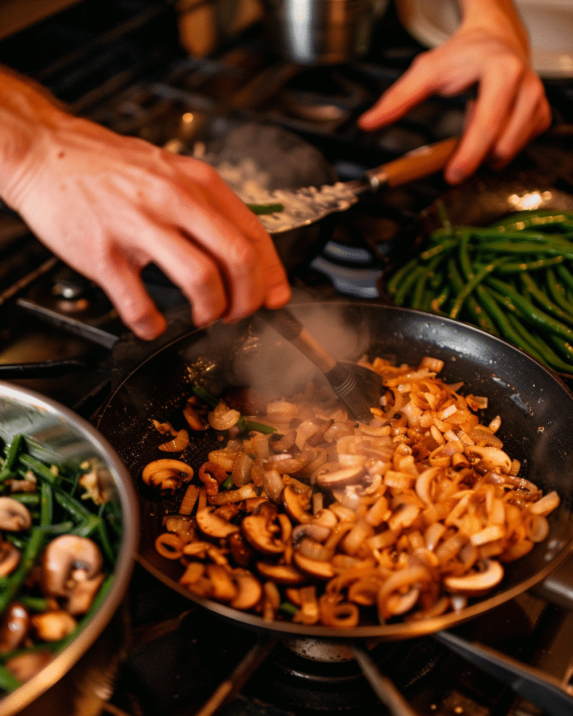Step-by-step images of blanching beans, cooking mushrooms, and assembling casserole