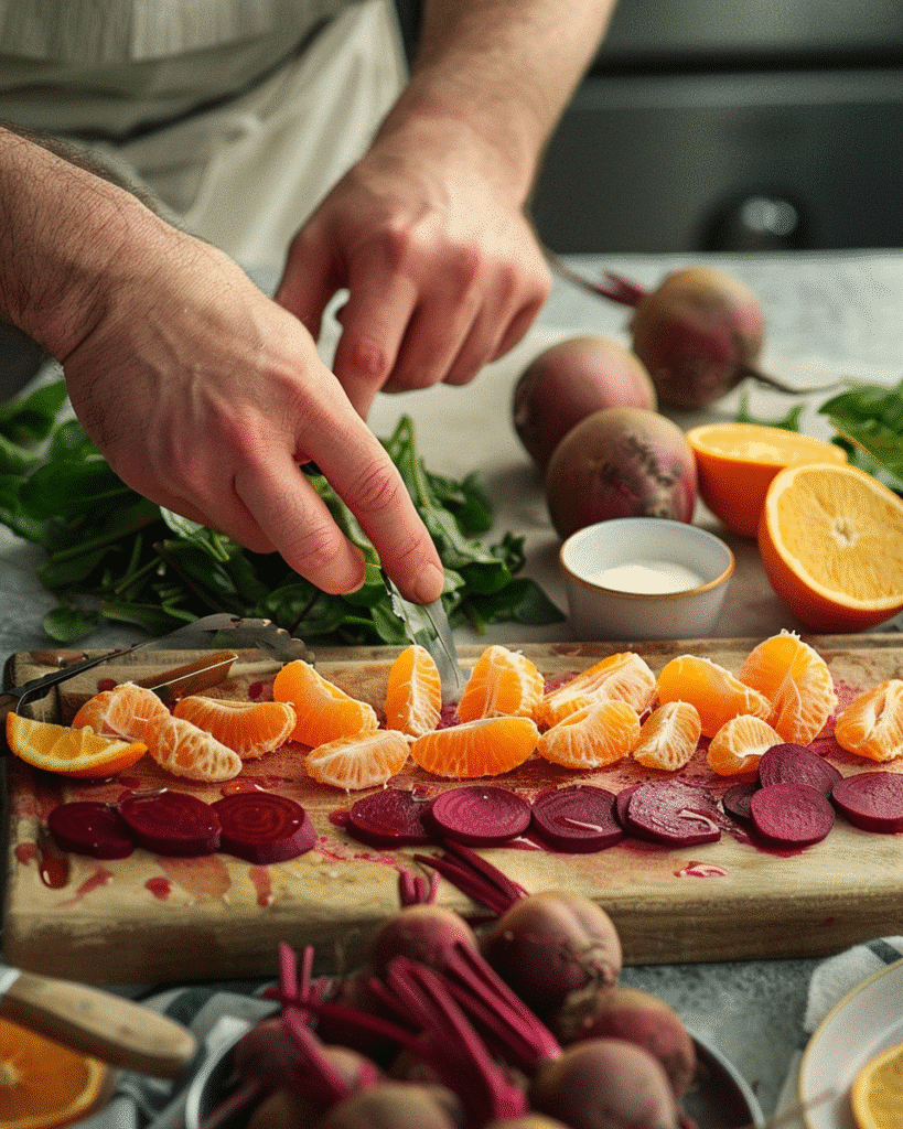 Steps showing roasting beets and assembling beet citrus salad