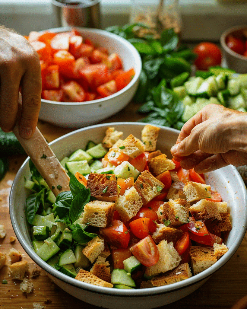 Step-by-step images showing toasted bread, chopped tomatoes, and salad assembly