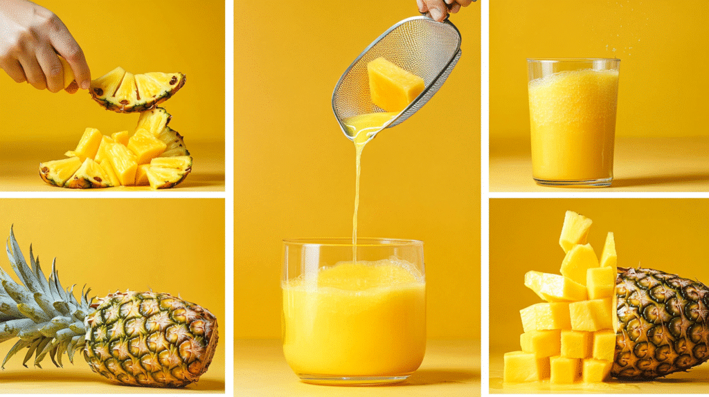 Step-by-step collage showing cutting, blending, straining, and serving pineapple mango juice