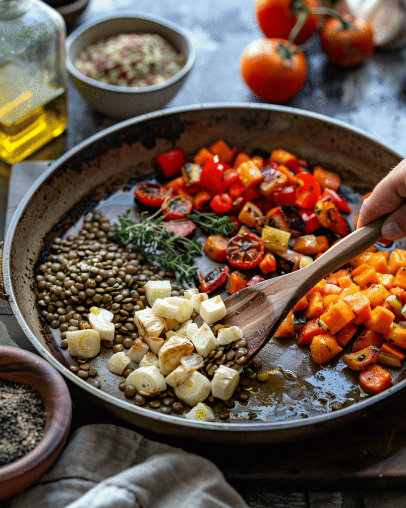 Step-by-step images of cooking lentils, roasting vegetables, and assembling the Warm Lentil & Roasted Vegetable Salad