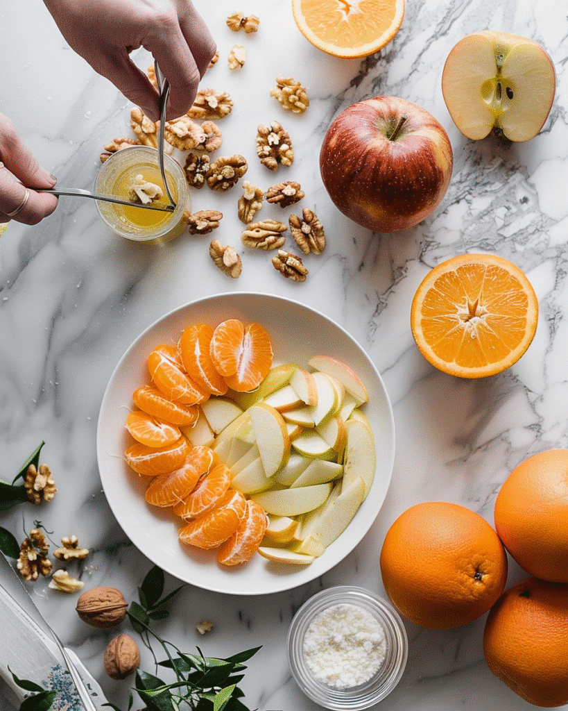 Steps showing slicing fruit and assembling winter fruit salad