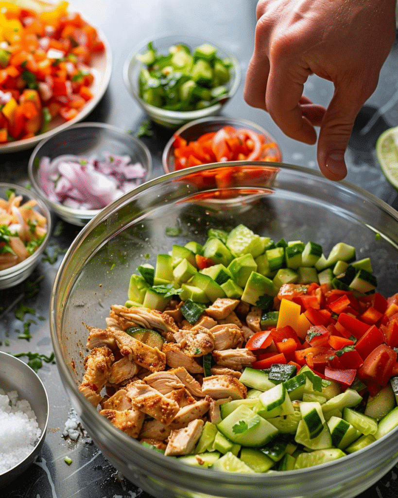 Best Chicken Taco Salad Dinner Recipe for a Quick and Delicious Meal 6 Step-by-step process showing cooked chicken and assembling taco salad ingredients