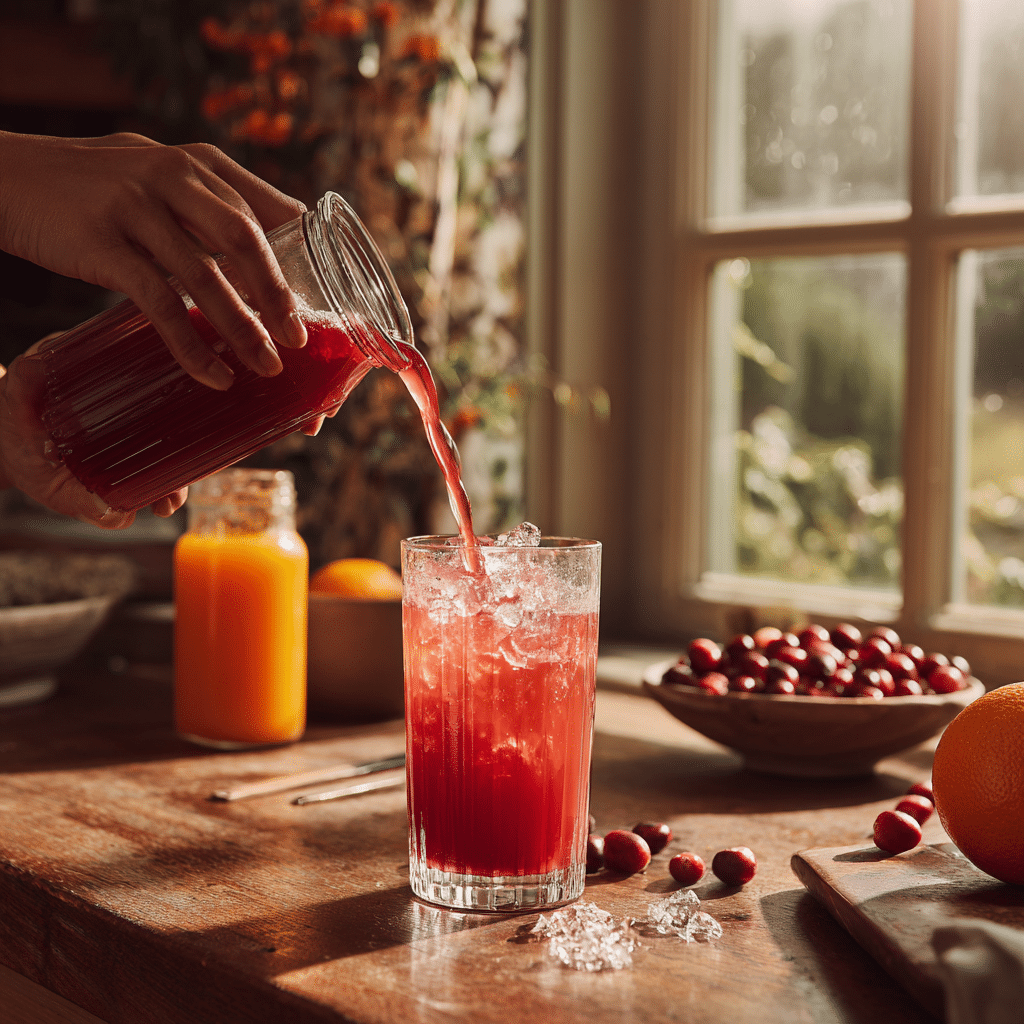 preparing cranberry orange mocktail by pouring juice into a glass