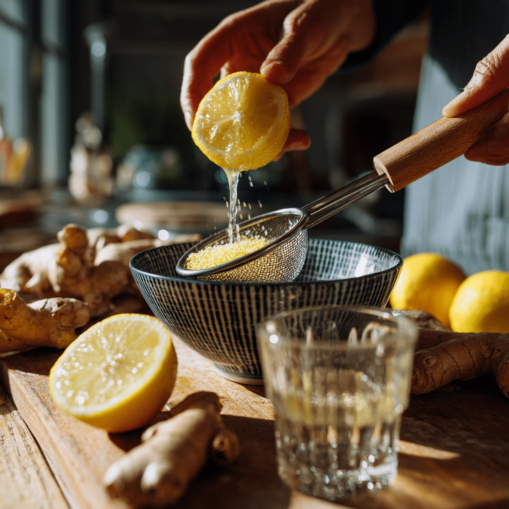 preparing ginger lemon shot by grating ginger and squeezing lemon