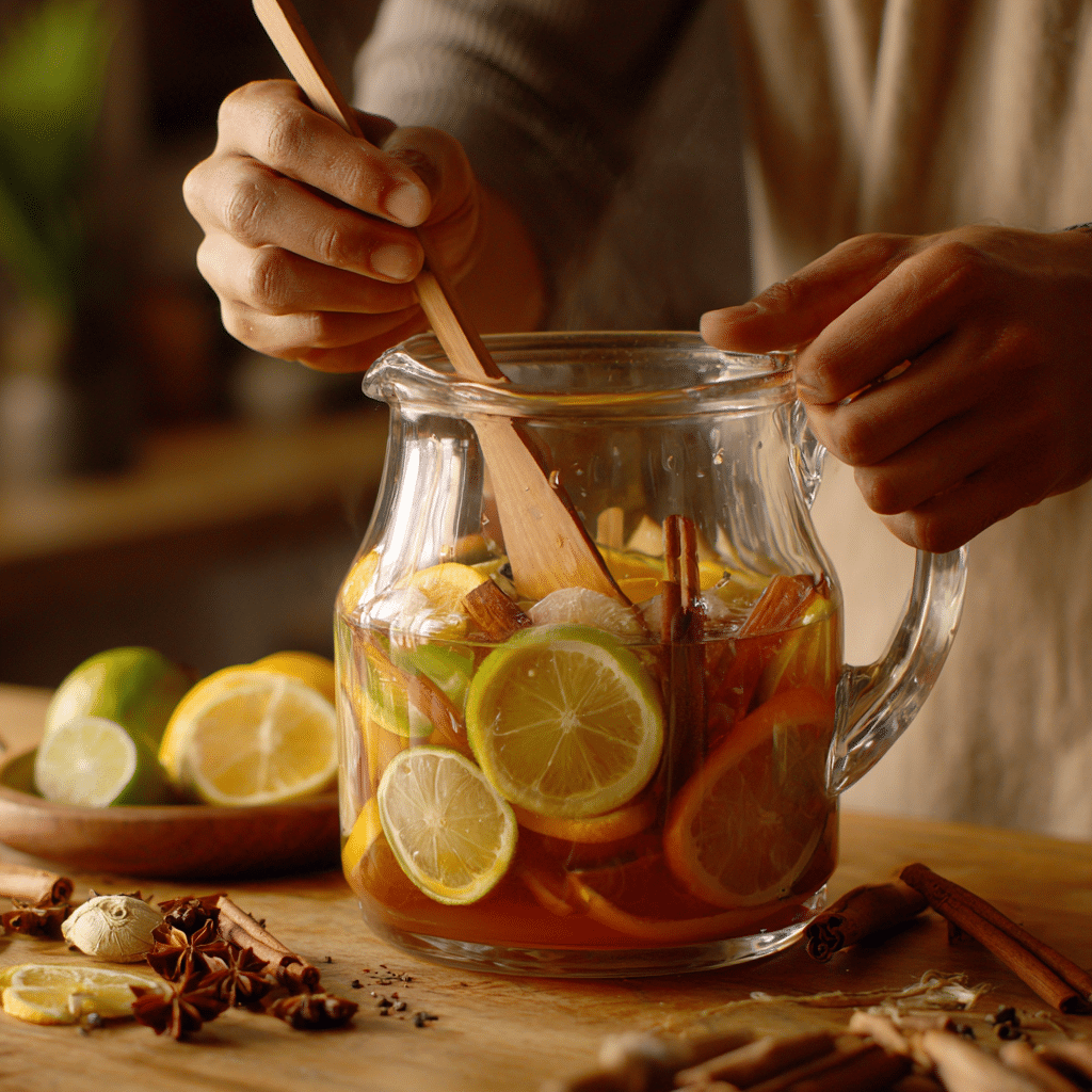 stirring holiday mocktail base with citrus and spices