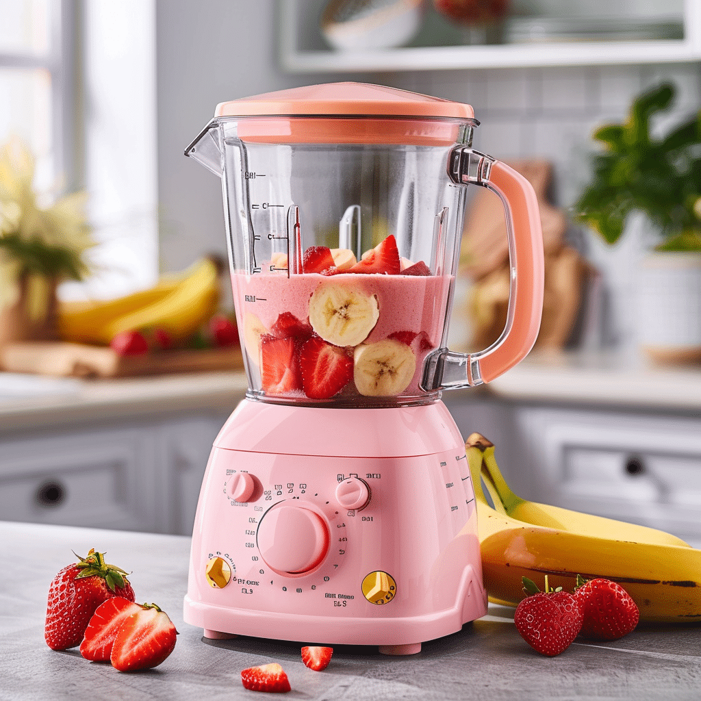 Blender filled with strawberries, bananas, yogurt, and milk showing the smoothie preparation process.