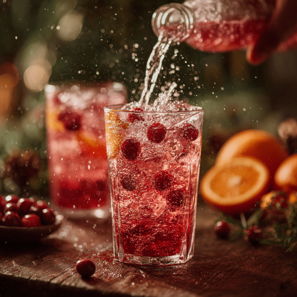 pouring sparkling water into virgin poinsettia mocktail glass